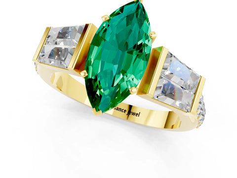 Yellow gold Marquise Cut Emerald Engagement Ring with Baguette Side Stones and Channel Set Band_1