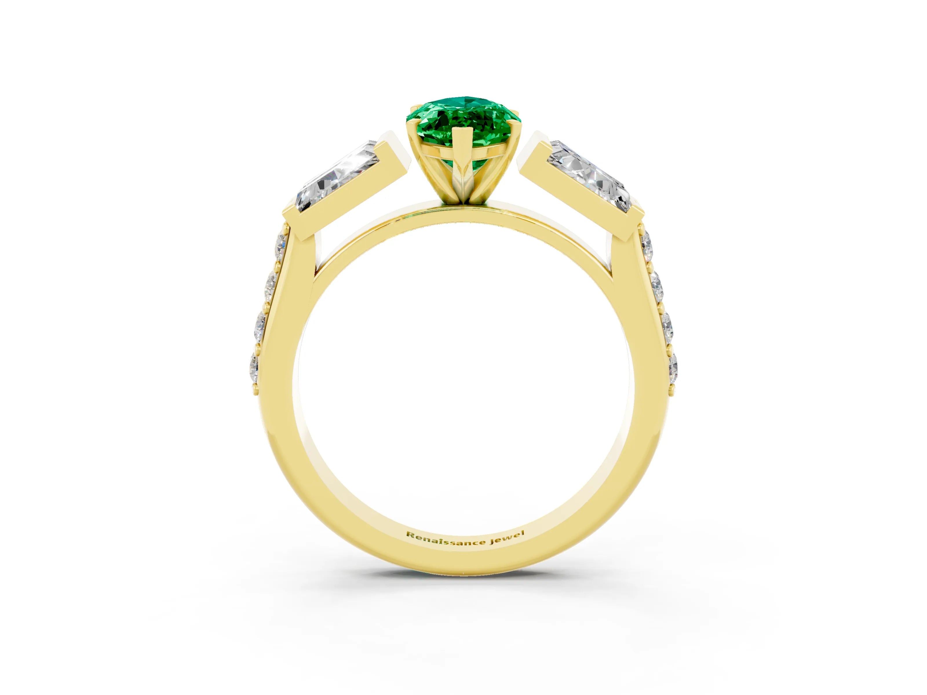 Yellow gold Marquise Cut Emerald Engagement Ring with Baguette Side Stones and Channel Set Band_3