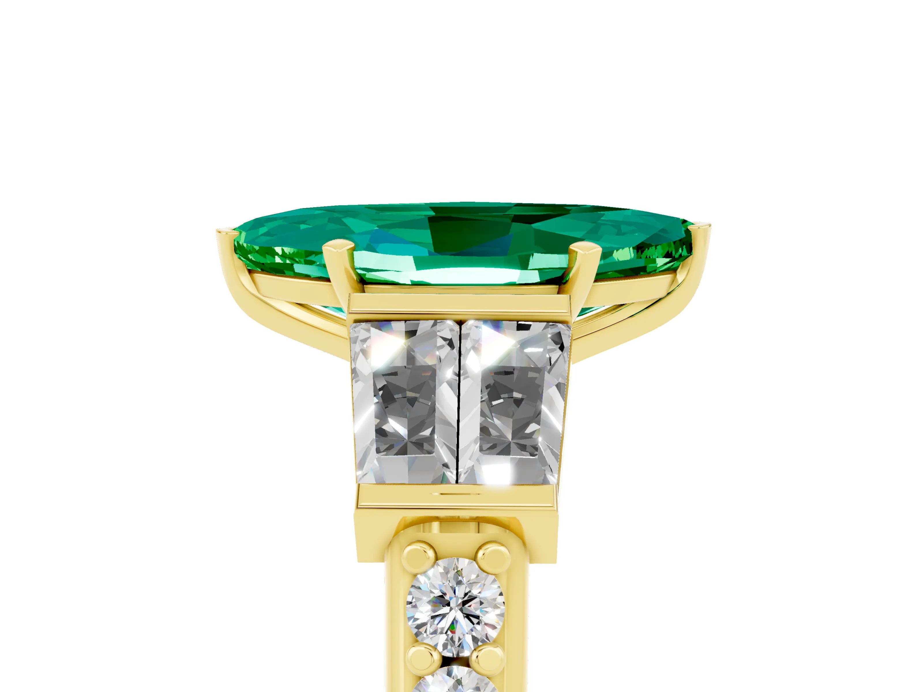 Yellow gold Marquise Cut Emerald Engagement Ring with Baguette Side Stones and Channel Set Band_5