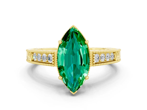 Yellow gold Marquise Cut Emerald Engagement Ring with Milgrain Channel Set Band and Prong Setting