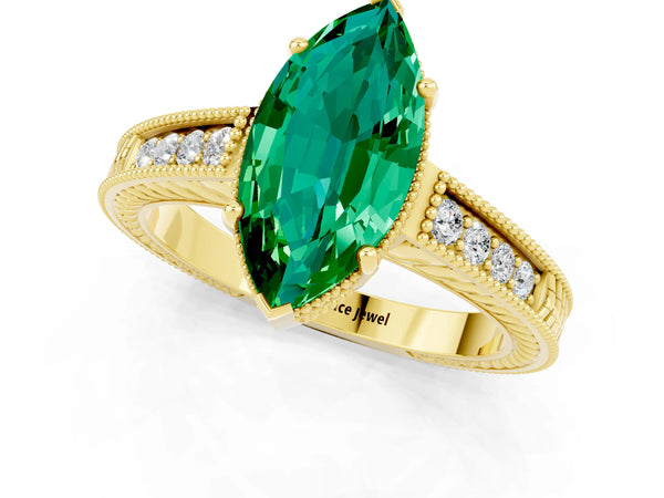 Yellow gold Marquise Cut Emerald Engagement Ring with Milgrain Channel Set Band and Prong Setting