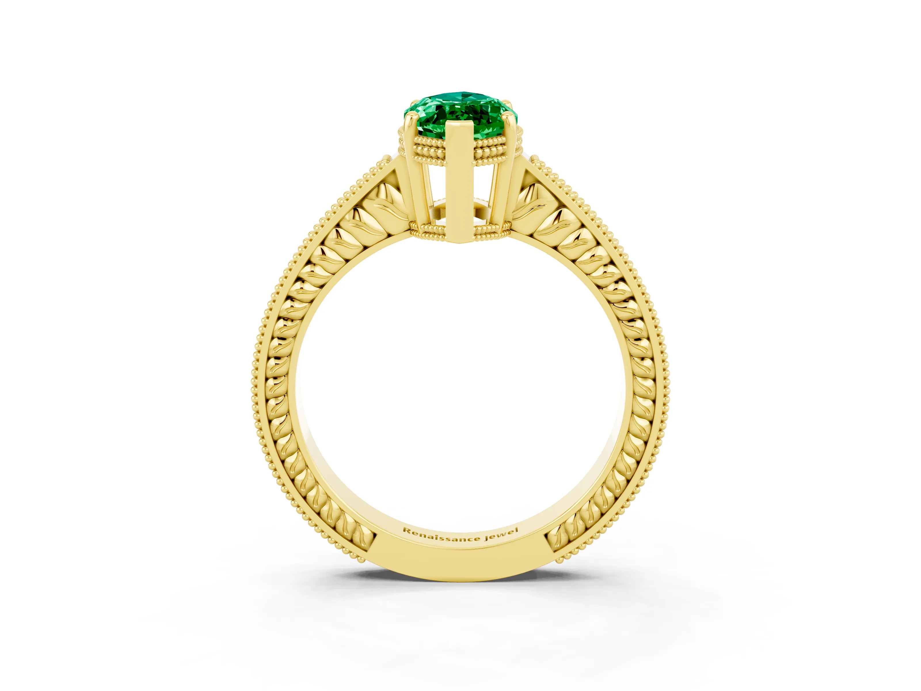 Yellow gold Marquise Cut Emerald Engagement Ring with Milgrain Channel Set Band and Prong Setting_3