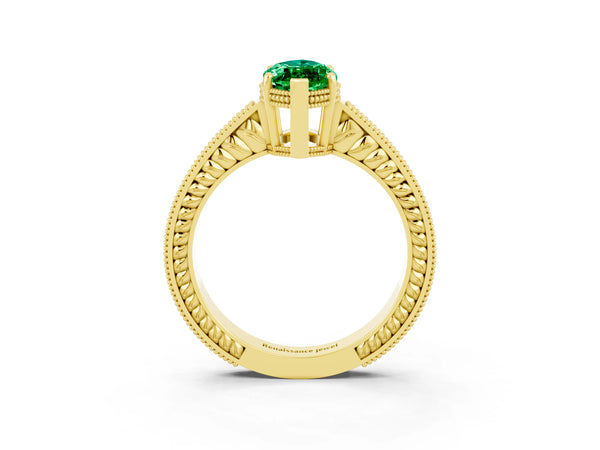 Yellow gold Marquise Cut Emerald Engagement Ring with Milgrain Channel Set Band and Prong Setting