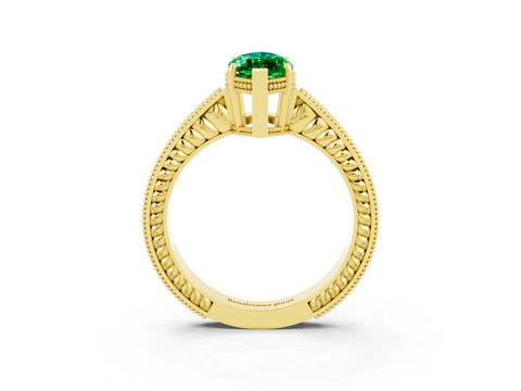 Yellow gold Marquise Cut Emerald Engagement Ring with Milgrain Channel Set Band and Prong Setting_3