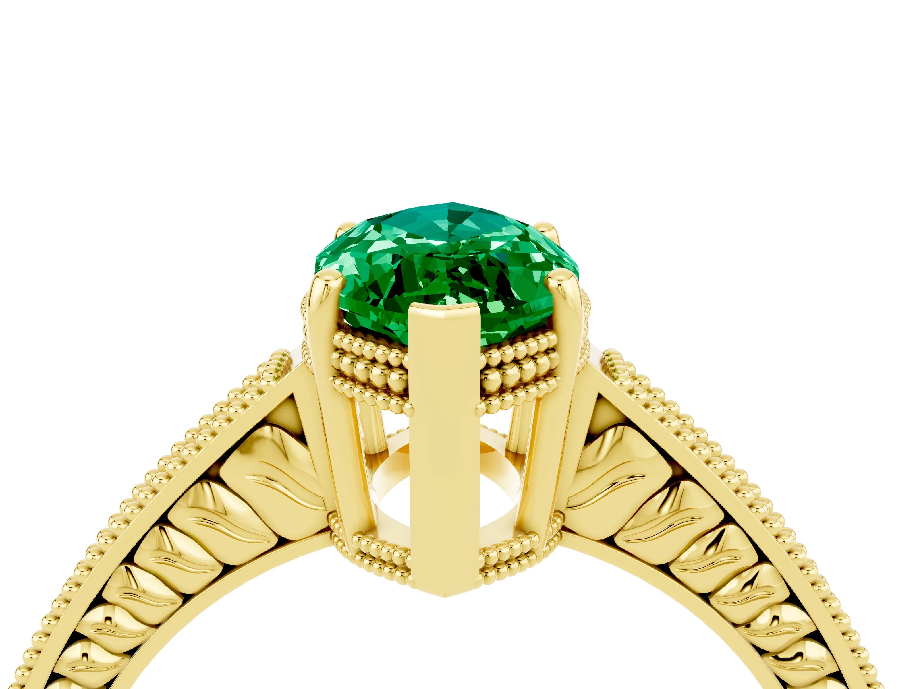 Yellow gold Marquise Cut Emerald Engagement Ring with Milgrain Channel Set Band and Prong Setting_4