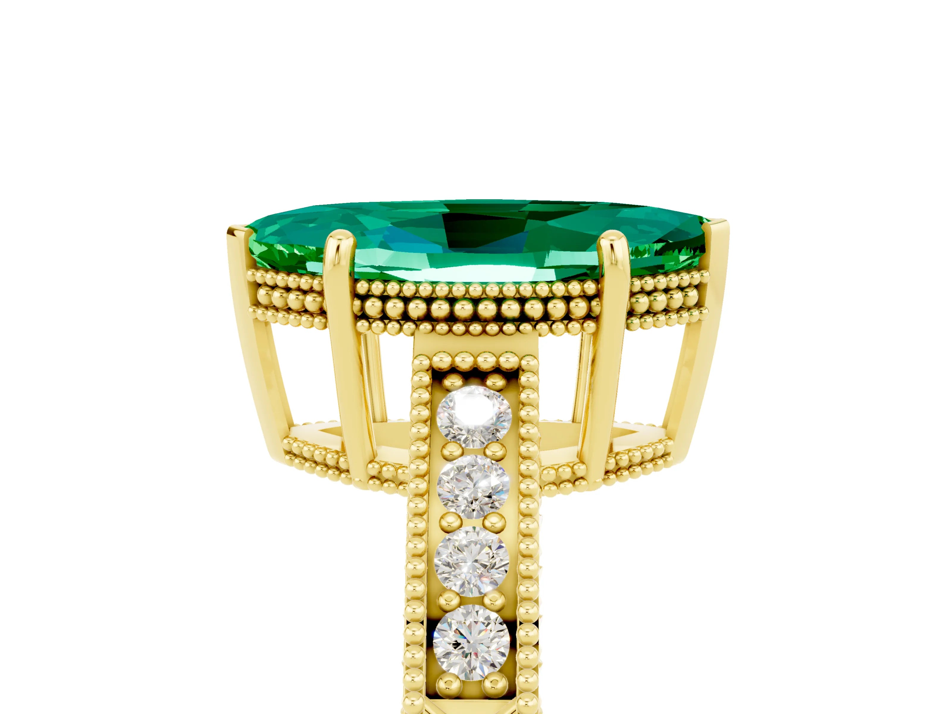 Yellow gold Marquise Cut Emerald Engagement Ring with Milgrain Channel Set Band and Prong Setting_5