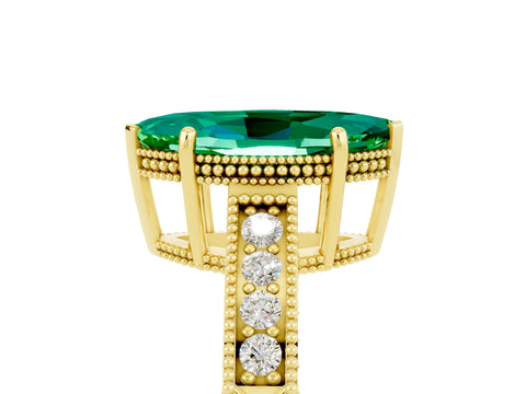 Yellow gold Marquise Cut Emerald Engagement Ring with Milgrain Channel Set Band and Prong Setting_5