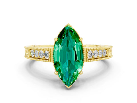 Yellow gold Marquise Cut Emerald Engagement Ring with Milgrain Channel Set Band and Prong Setting