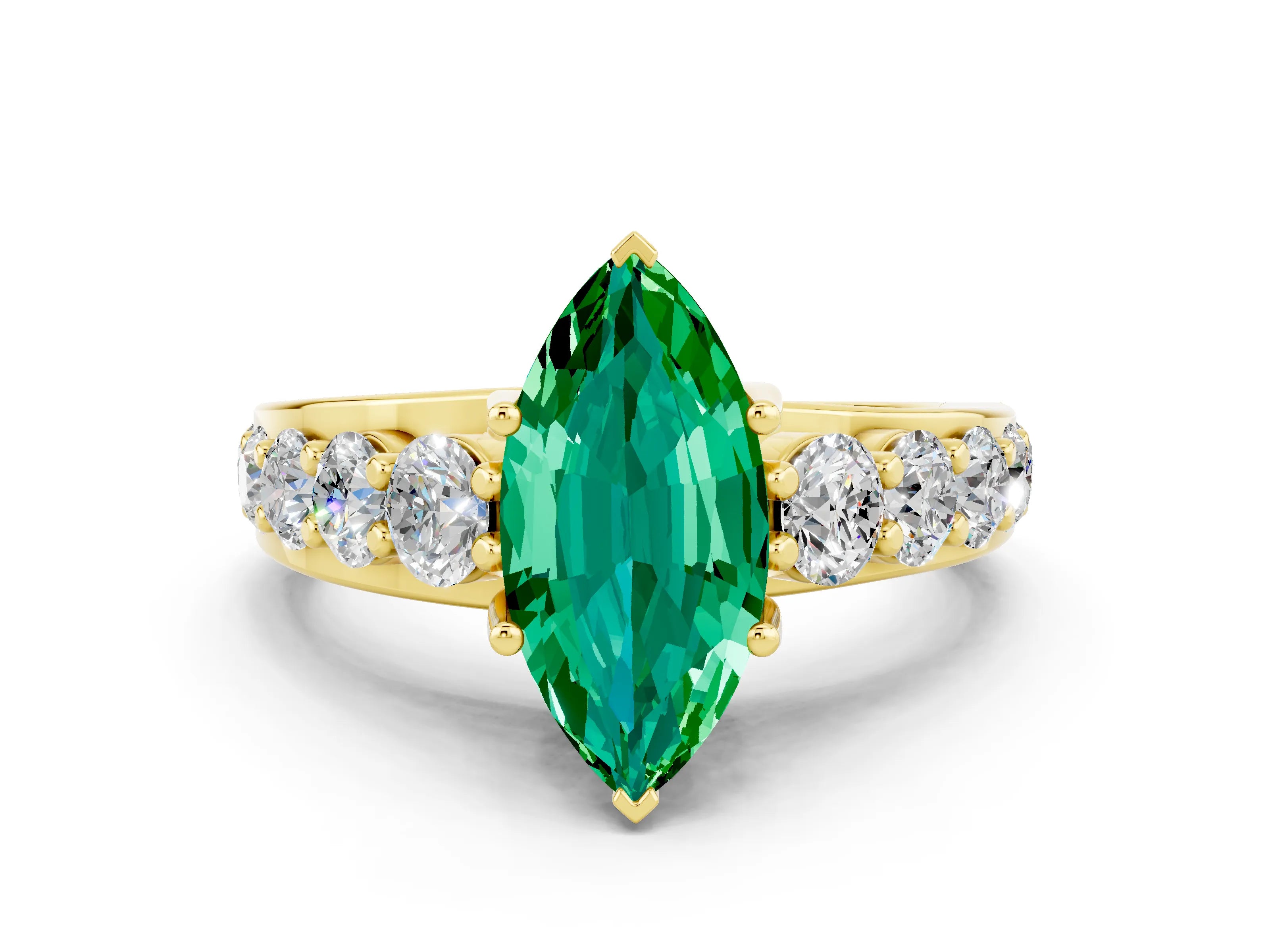 Yellow gold Marquise Cut Emerald Engagement Ring with Pavé Band and Four-Prong Setting