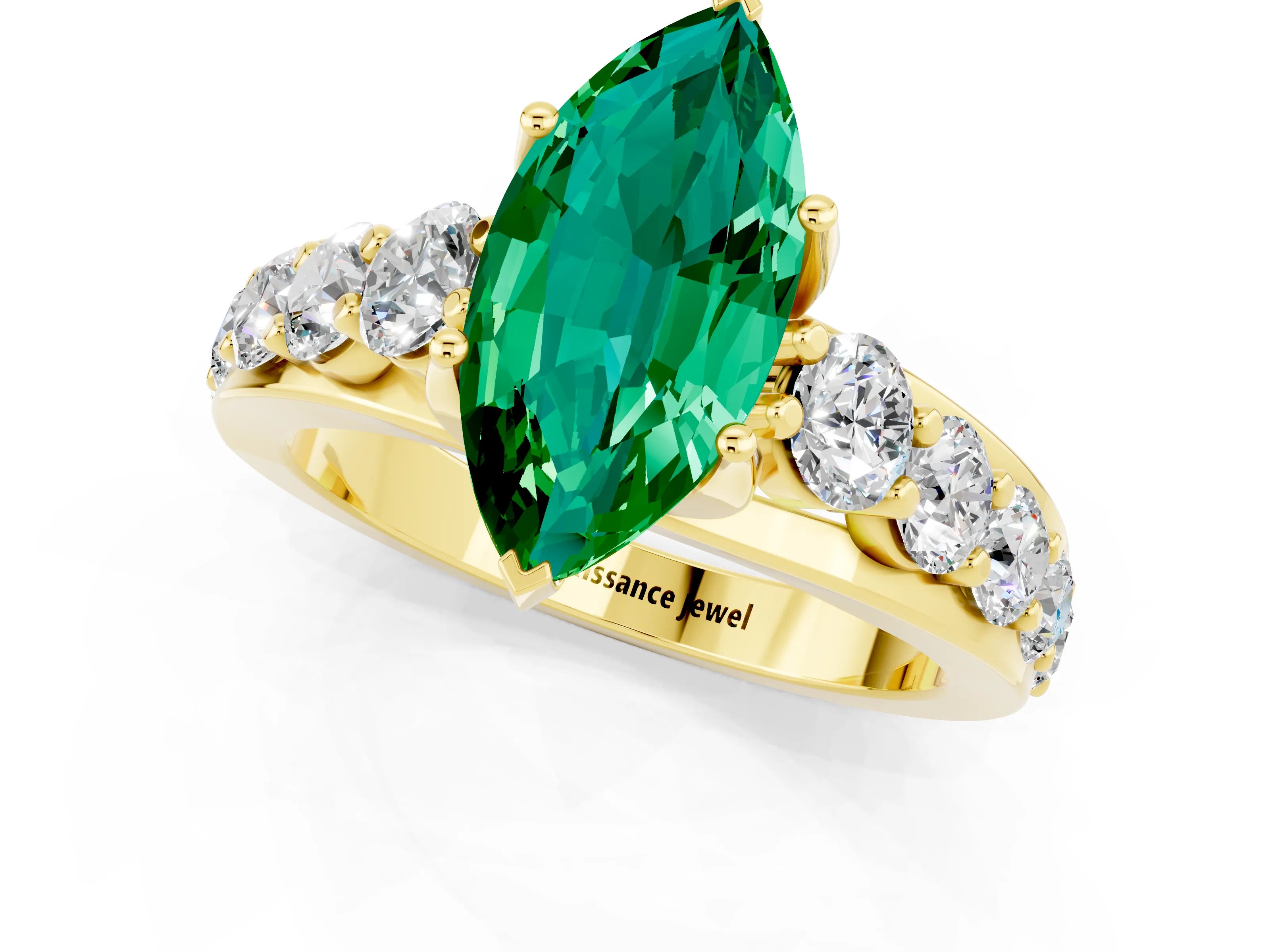 Yellow gold Marquise Cut Emerald Engagement Ring with Pavé Band and Four-Prong Setting_1