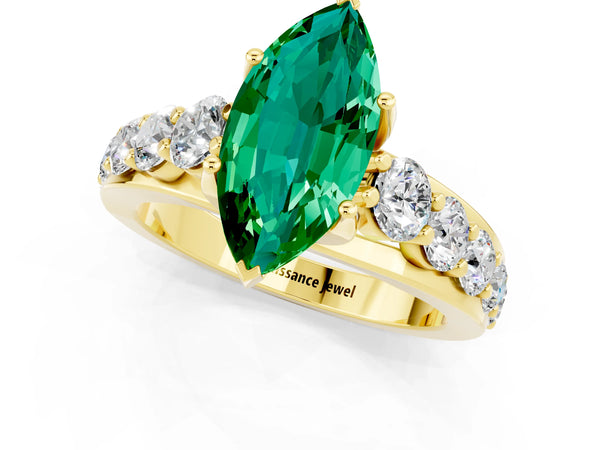 Yellow gold Marquise Cut Emerald Engagement Ring with Pavé Band and Four-Prong Setting