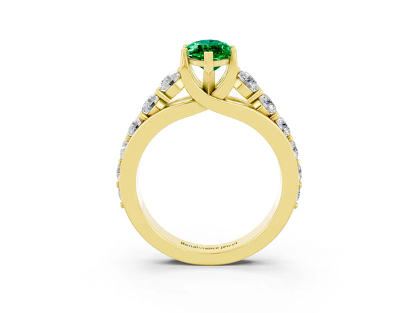 Yellow gold Marquise Cut Emerald Engagement Ring with Pavé Band and Four-Prong Setting