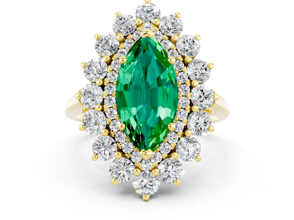 Yellow gold Marquise Cut Emerald Floral Double Halo Engagement Ring with Prong Setting