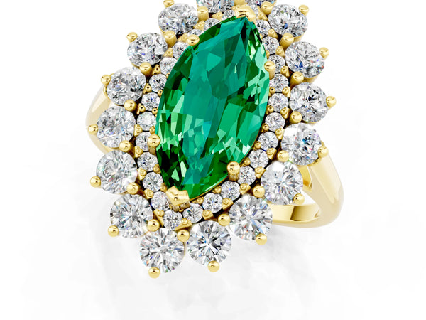 Yellow gold Marquise Cut Emerald Floral Double Halo Engagement Ring with Prong Setting