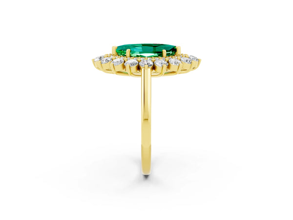 Yellow gold Marquise Cut Emerald Floral Double Halo Engagement Ring with Prong Setting
