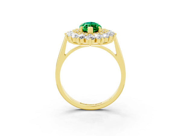 Yellow gold Marquise Cut Emerald Floral Double Halo Engagement Ring with Prong Setting