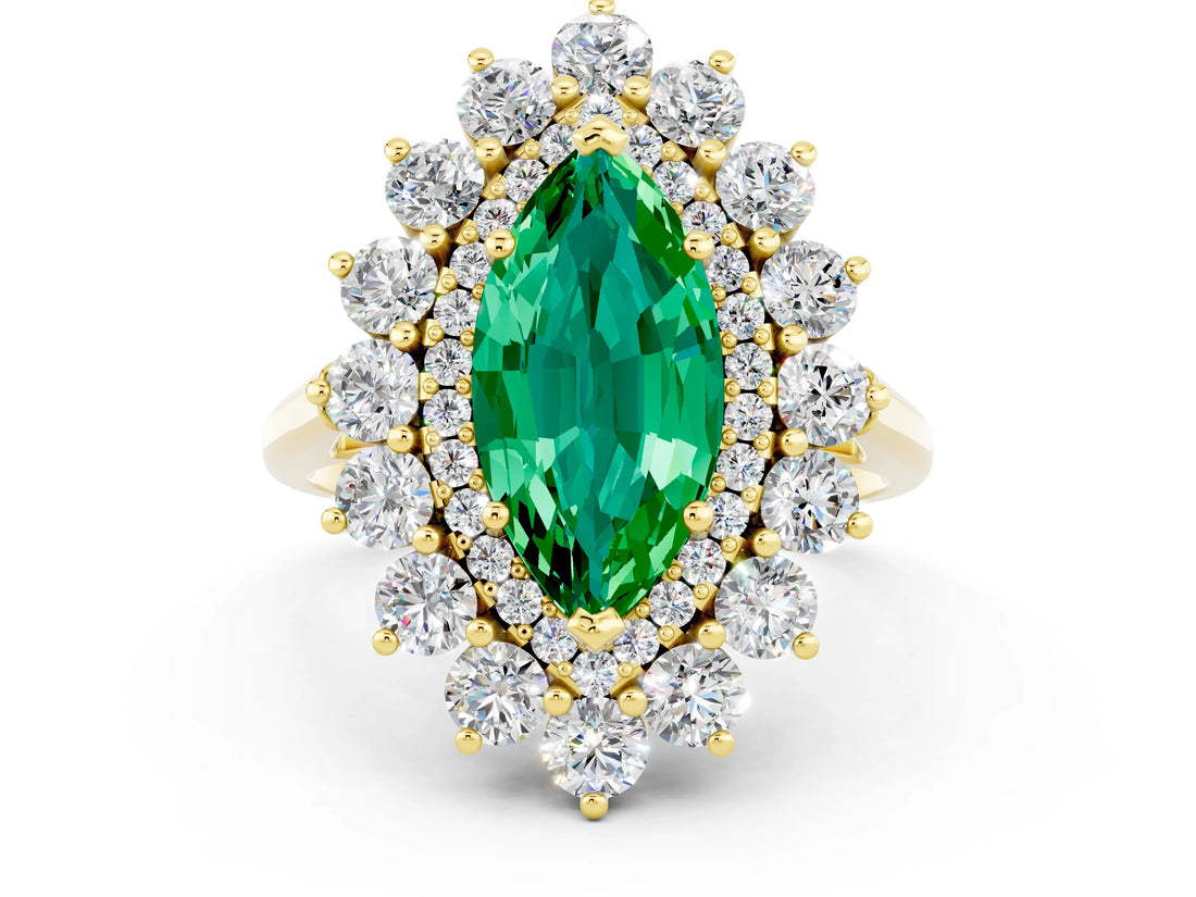 Yellow gold Marquise Cut Emerald Floral Double Halo Engagement Ring with Prong Setting_72