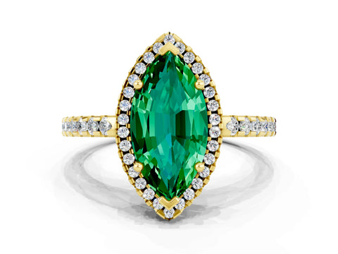 Yellow gold Marquise Cut Emerald Halo Engagement Ring with Pavé Band and Prong Setting_12