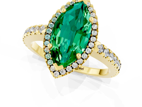 Yellow gold Marquise Cut Emerald Halo Engagement Ring with Pavé Band and Prong Setting