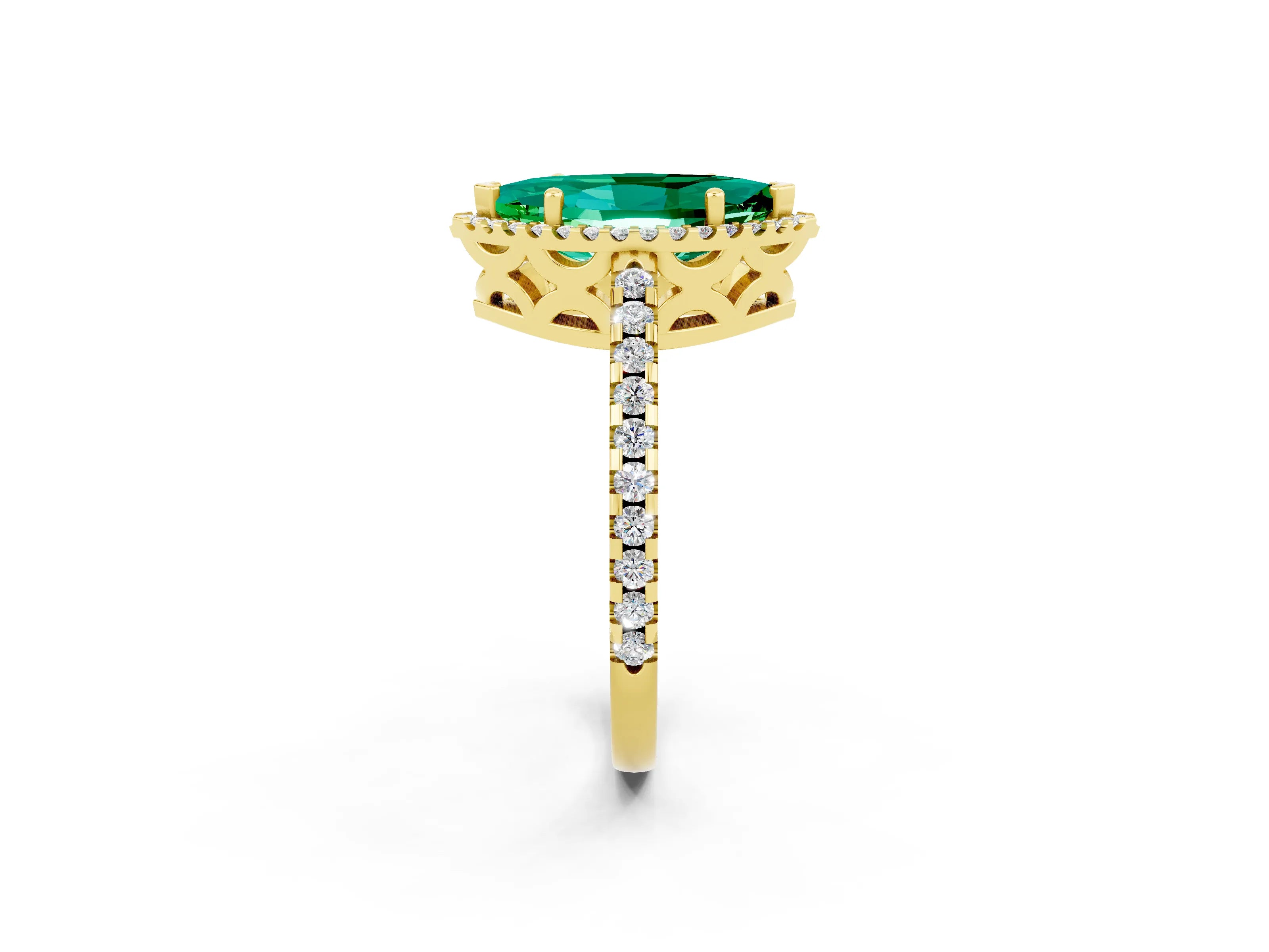 Yellow gold Marquise Cut Emerald Halo Engagement Ring with Pavé Band and Prong Setting_14