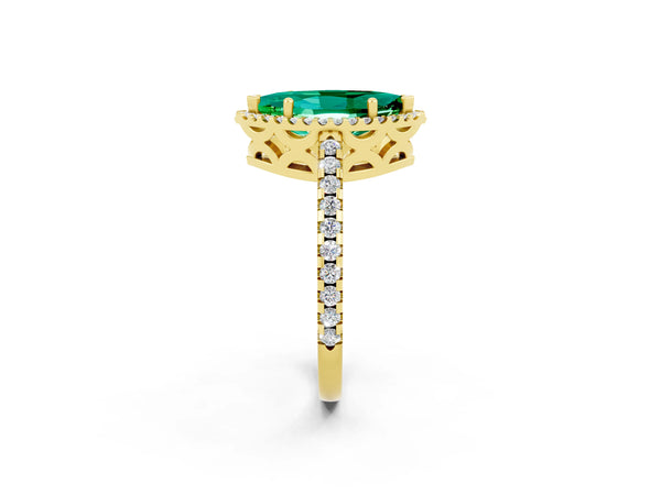 Yellow gold Marquise Cut Emerald Halo Engagement Ring with Pavé Band and Prong Setting