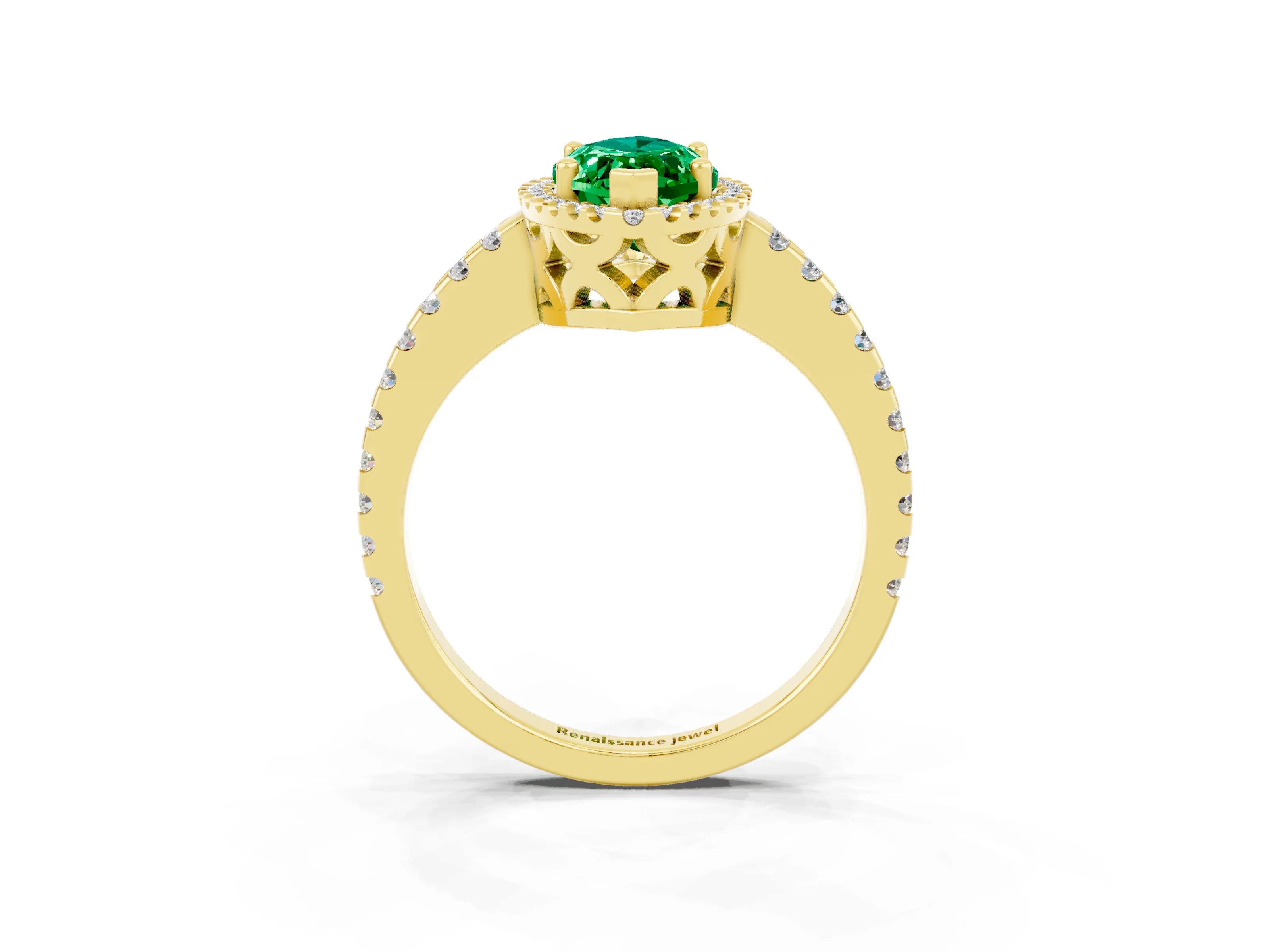 Yellow gold Marquise Cut Emerald Halo Engagement Ring with Pavé Band and Prong Setting_15