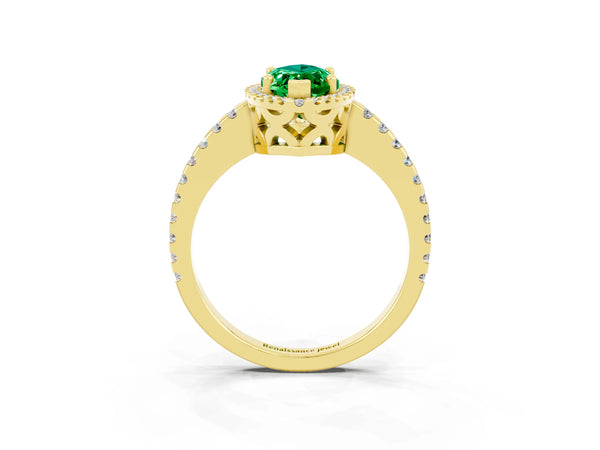 Yellow gold Marquise Cut Emerald Halo Engagement Ring with Pavé Band and Prong Setting