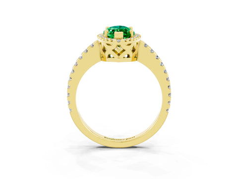 Yellow gold Marquise Cut Emerald Halo Engagement Ring with Pavé Band and Prong Setting_15