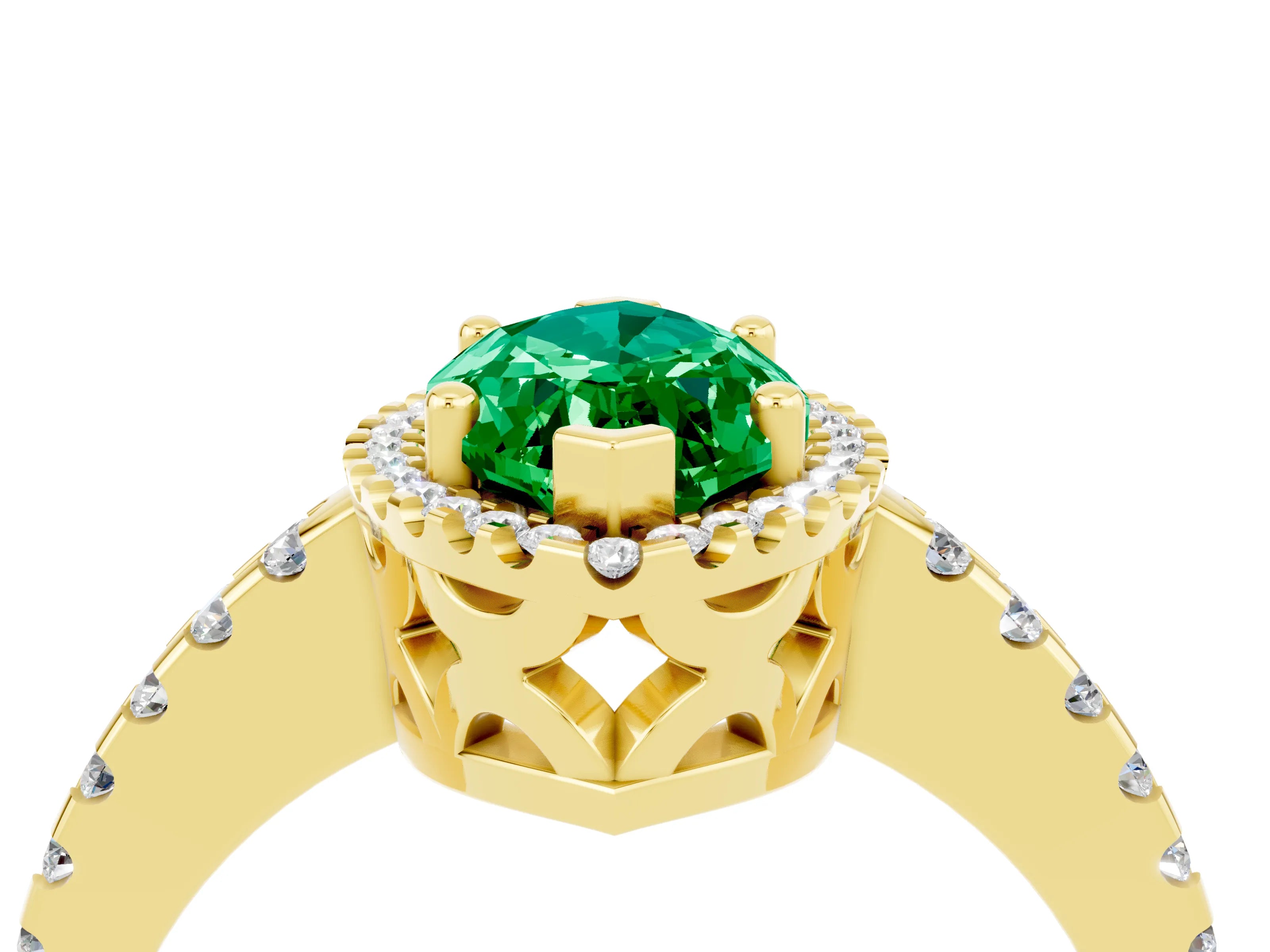 Yellow gold Marquise Cut Emerald Halo Engagement Ring with Pavé Band and Prong Setting_16