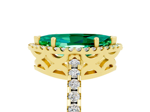 Yellow gold Marquise Cut Emerald Halo Engagement Ring with Pavé Band and Prong Setting_17
