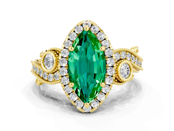 Yellow gold Marquise Cut Emerald Halo Ring with Milgrain Pavé Band and Four-Prong Setting