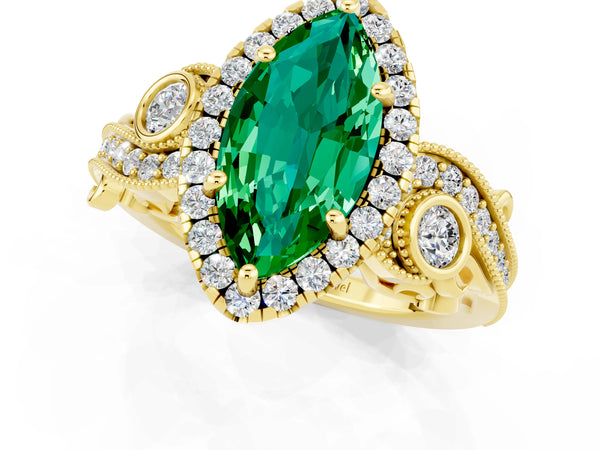 Yellow gold Marquise Cut Emerald Halo Ring with Milgrain Pavé Band and Four-Prong Setting