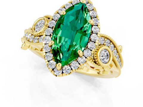 Yellow gold Marquise Cut Emerald Halo Ring with Milgrain Pavé Band and Four-Prong Setting_13