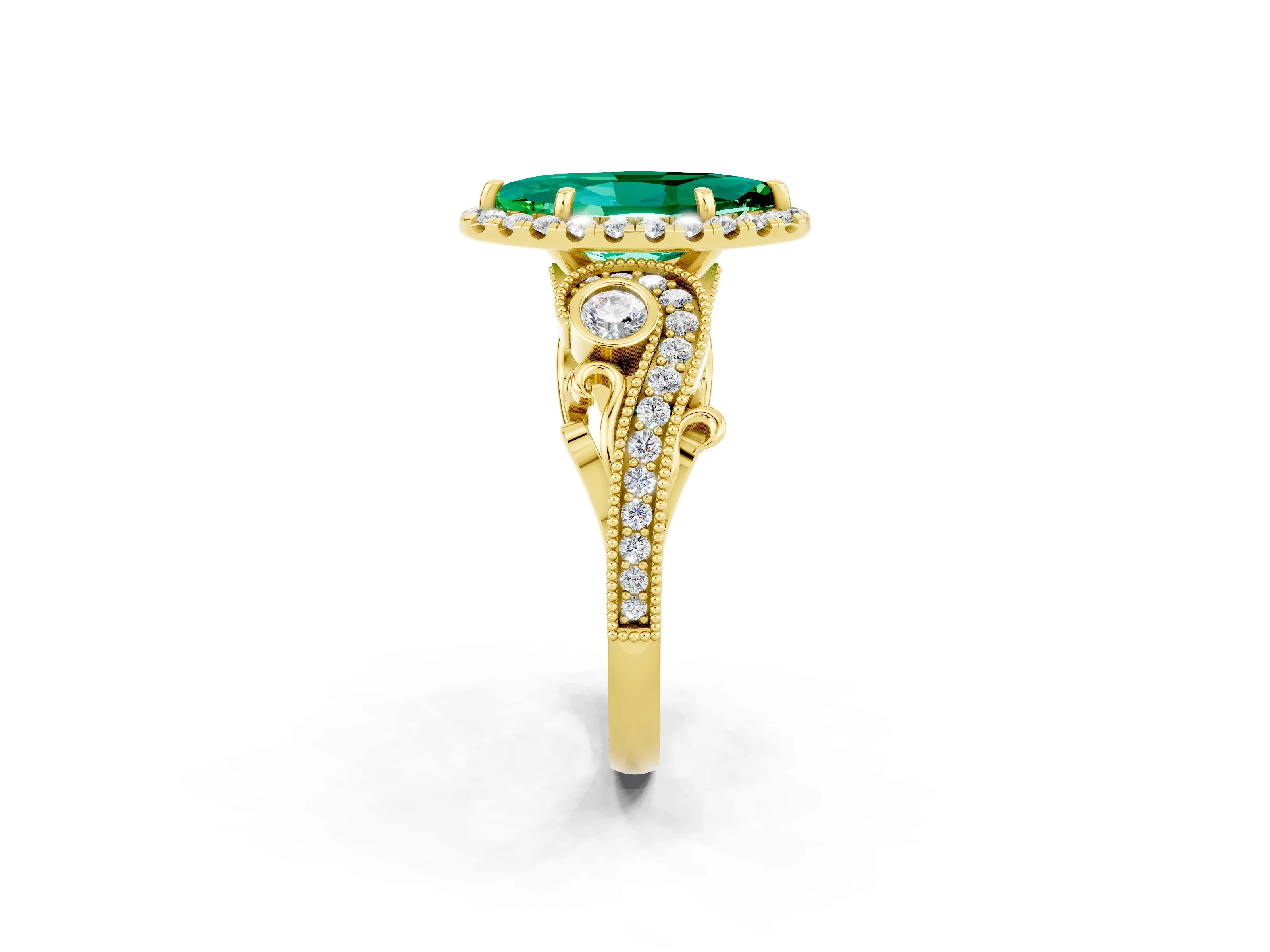 Yellow gold Marquise Cut Emerald Halo Ring with Milgrain Pavé Band and Four-Prong Setting_14