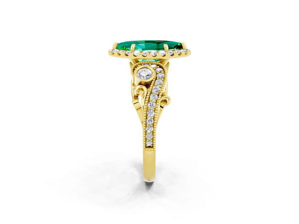 Yellow gold Marquise Cut Emerald Halo Ring with Milgrain Pavé Band and Four-Prong Setting
