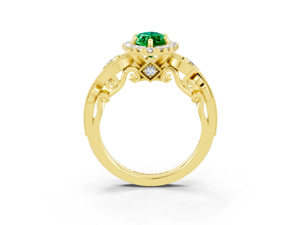 Yellow gold Marquise Cut Emerald Halo Ring with Milgrain Pavé Band and Four-Prong Setting