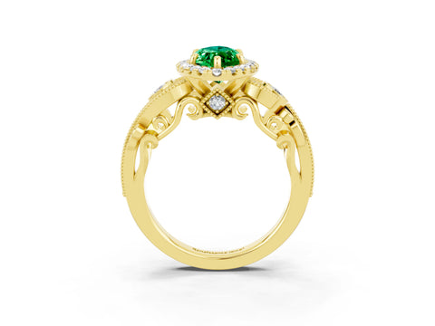 Yellow gold Marquise Cut Emerald Halo Ring with Milgrain Pavé Band and Four-Prong Setting_15