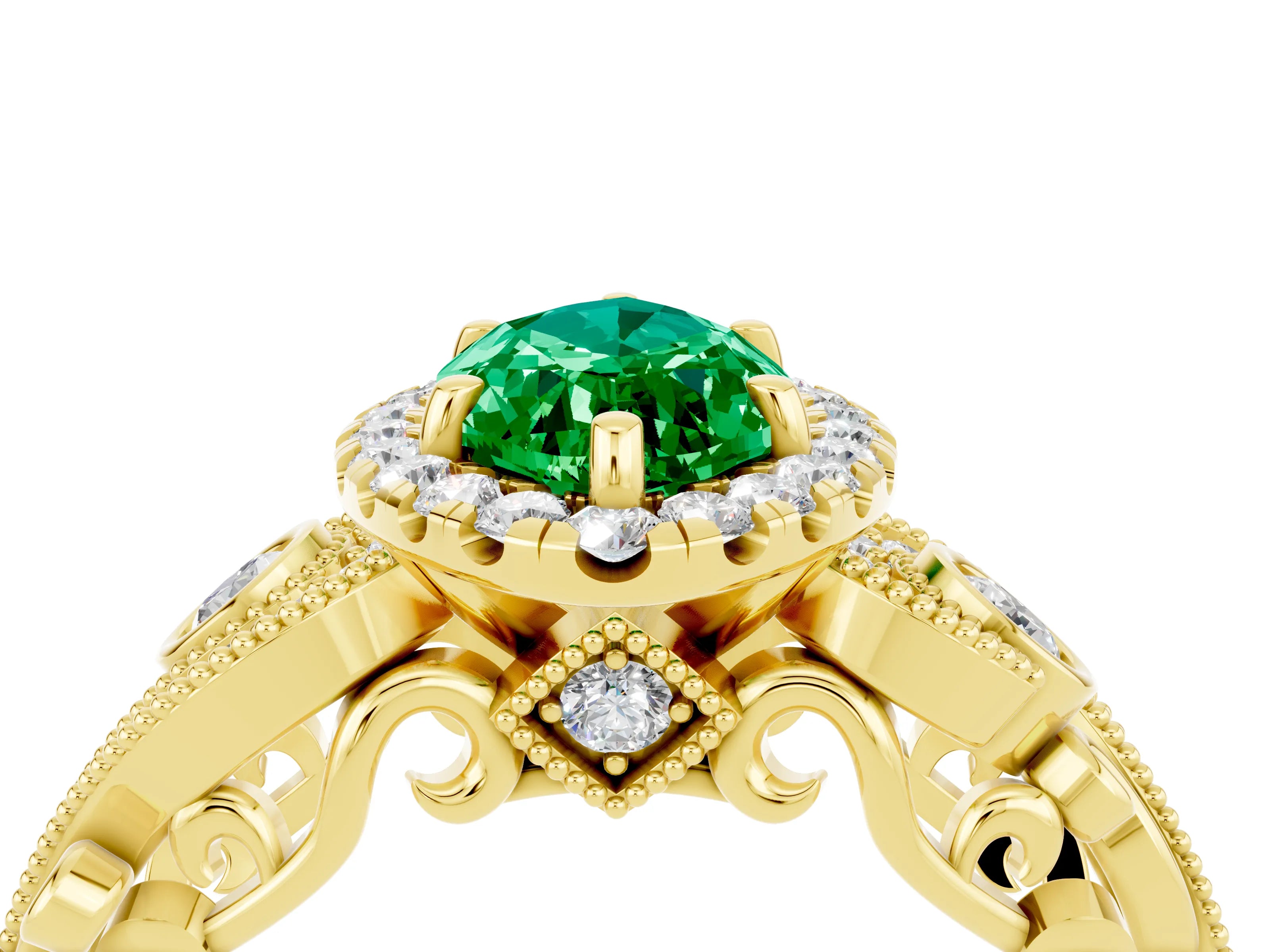 Yellow gold Marquise Cut Emerald Halo Ring with Milgrain Pavé Band and Four-Prong Setting_16