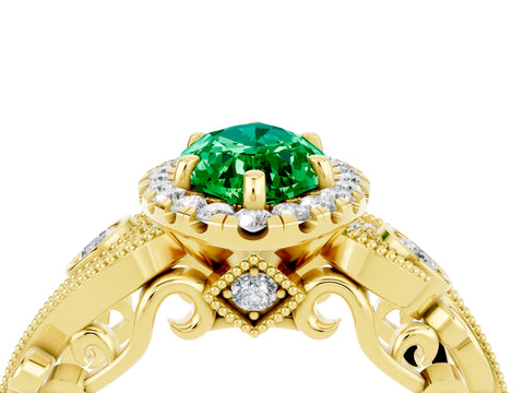 Yellow gold Marquise Cut Emerald Halo Ring with Milgrain Pavé Band and Four-Prong Setting_16