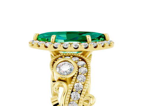 Yellow gold Marquise Cut Emerald Halo Ring with Milgrain Pavé Band and Four-Prong Setting_17