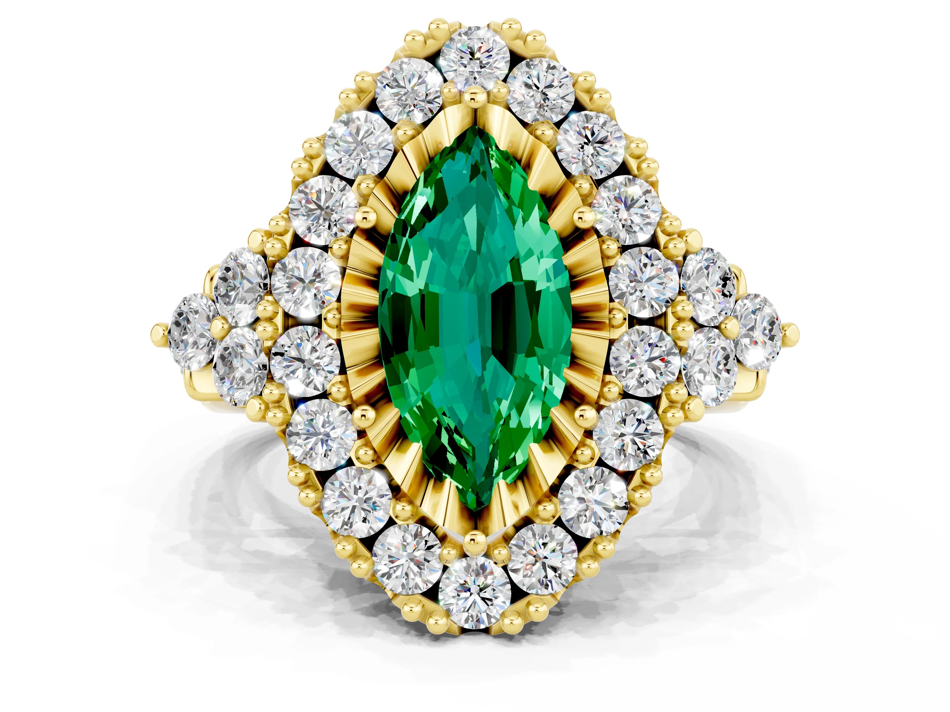 Yellow gold Marquise Cut Emerald Halo Ring with Pavé Band and Four-Prong Setting_12