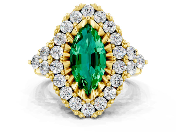 Yellow gold Marquise Cut Emerald Halo Ring with Pavé Band and Four-Prong Setting