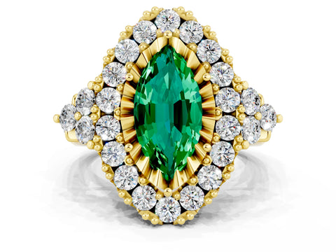 Yellow gold Marquise Cut Emerald Halo Ring with Pavé Band and Four-Prong Setting_12