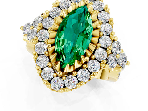 Yellow gold Marquise Cut Emerald Halo Ring with Pavé Band and Four-Prong Setting_13