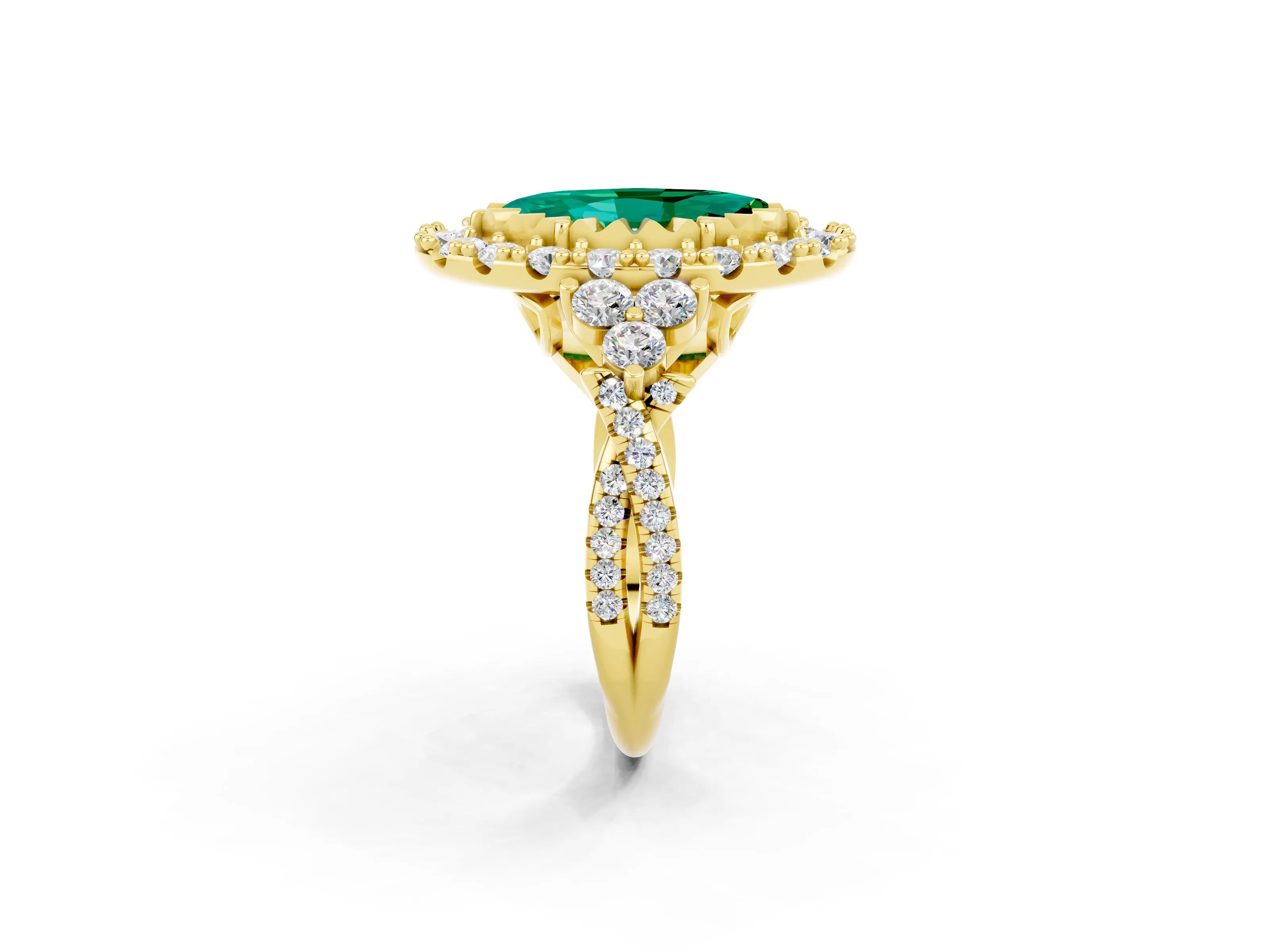 Yellow gold Marquise Cut Emerald Halo Ring with Pavé Band and Four-Prong Setting_14