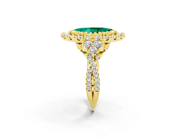 Yellow gold Marquise Cut Emerald Halo Ring with Pavé Band and Four-Prong Setting