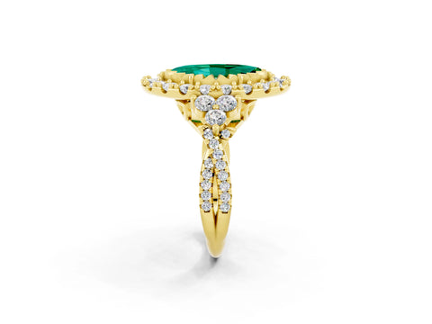Yellow gold Marquise Cut Emerald Halo Ring with Pavé Band and Four-Prong Setting_14