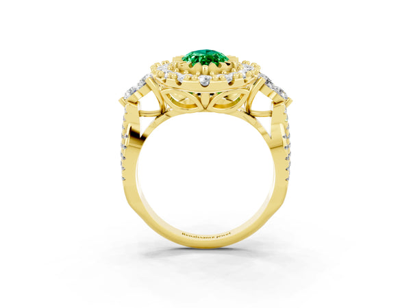 Yellow gold Marquise Cut Emerald Halo Ring with Pavé Band and Four-Prong Setting