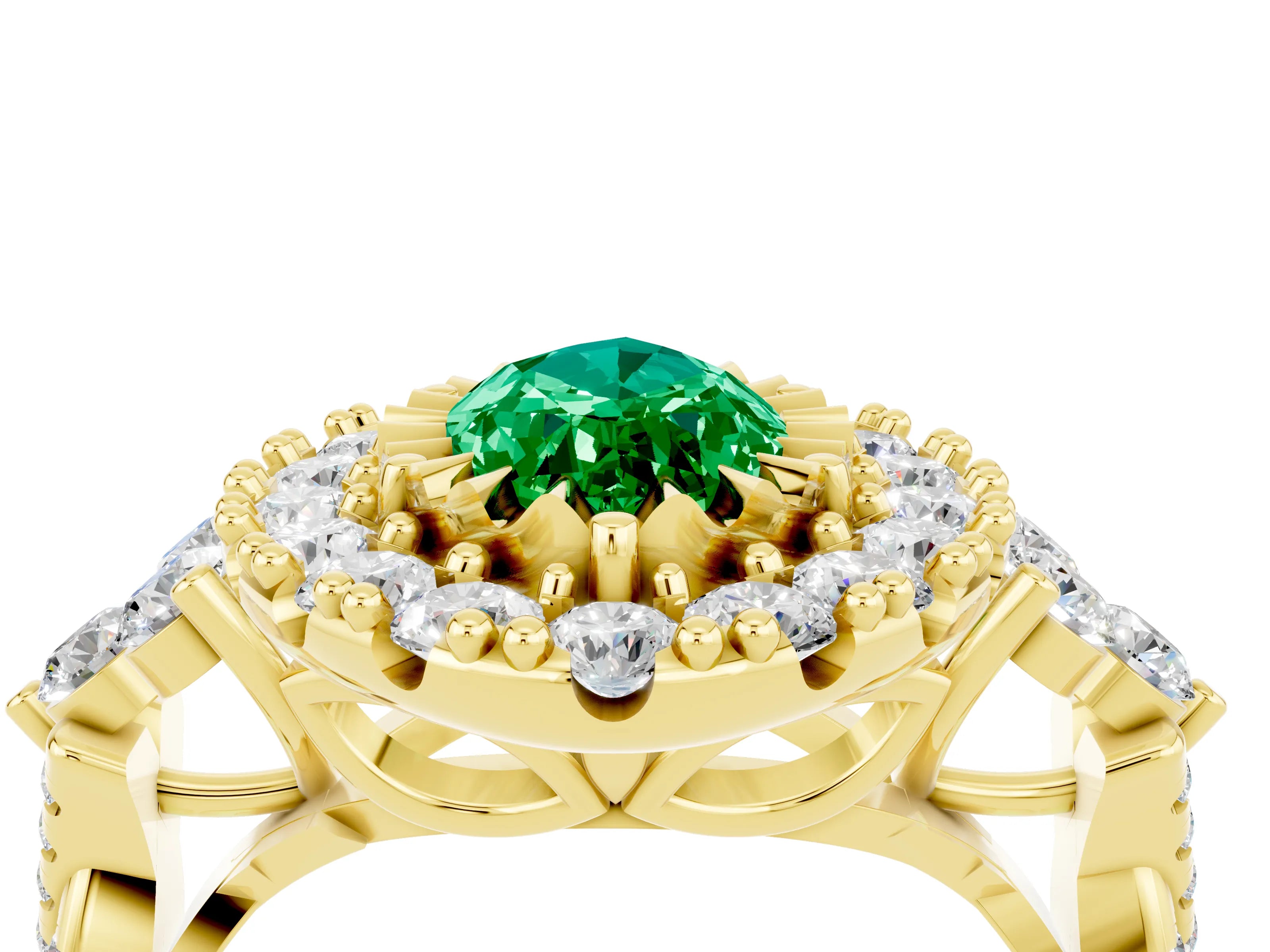 Yellow gold Marquise Cut Emerald Halo Ring with Pavé Band and Four-Prong Setting_16