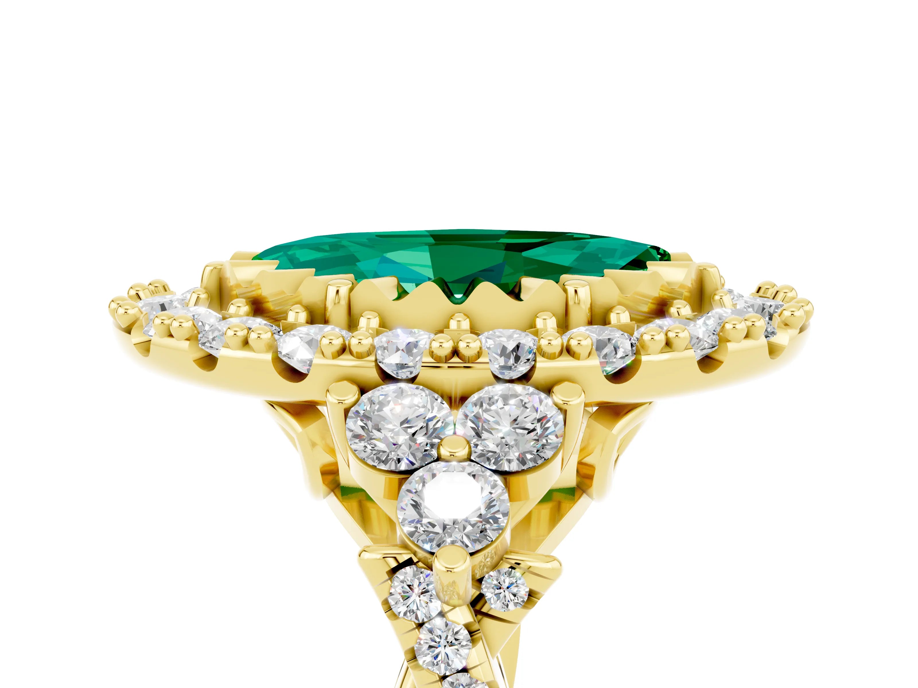 Yellow gold Marquise Cut Emerald Halo Ring with Pavé Band and Four-Prong Setting_17